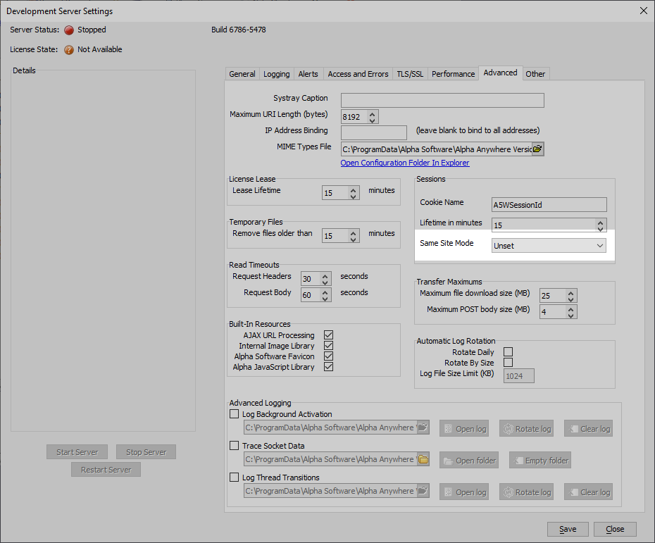 SameSite Cookie Policy is set on the Advanced tab for the standalone Application Server